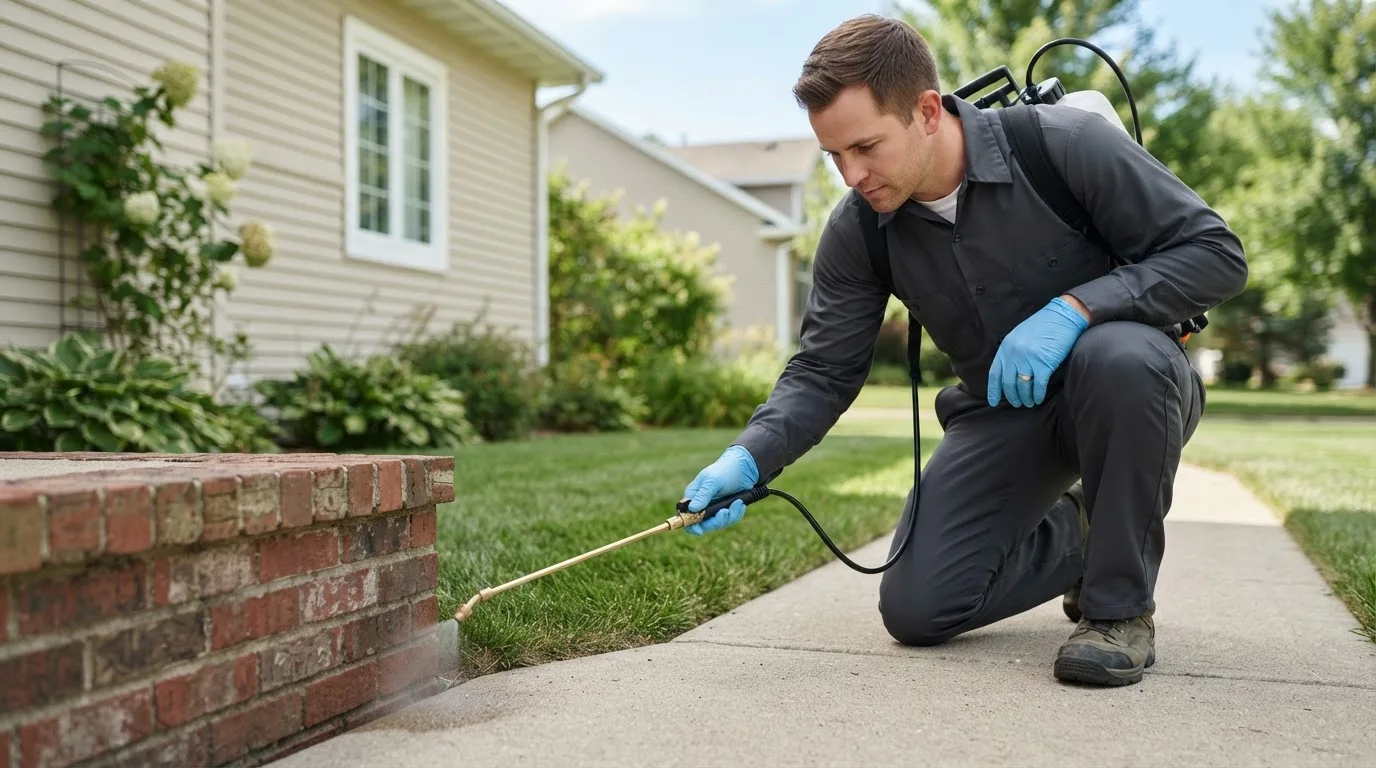 Pest control technician treating a home near Courtland, AL