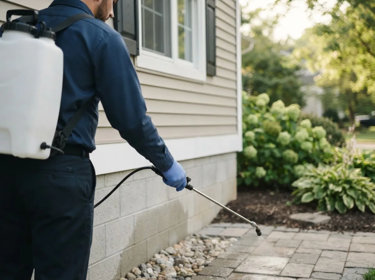Pest control technician inspecting a home in Courtland, AL